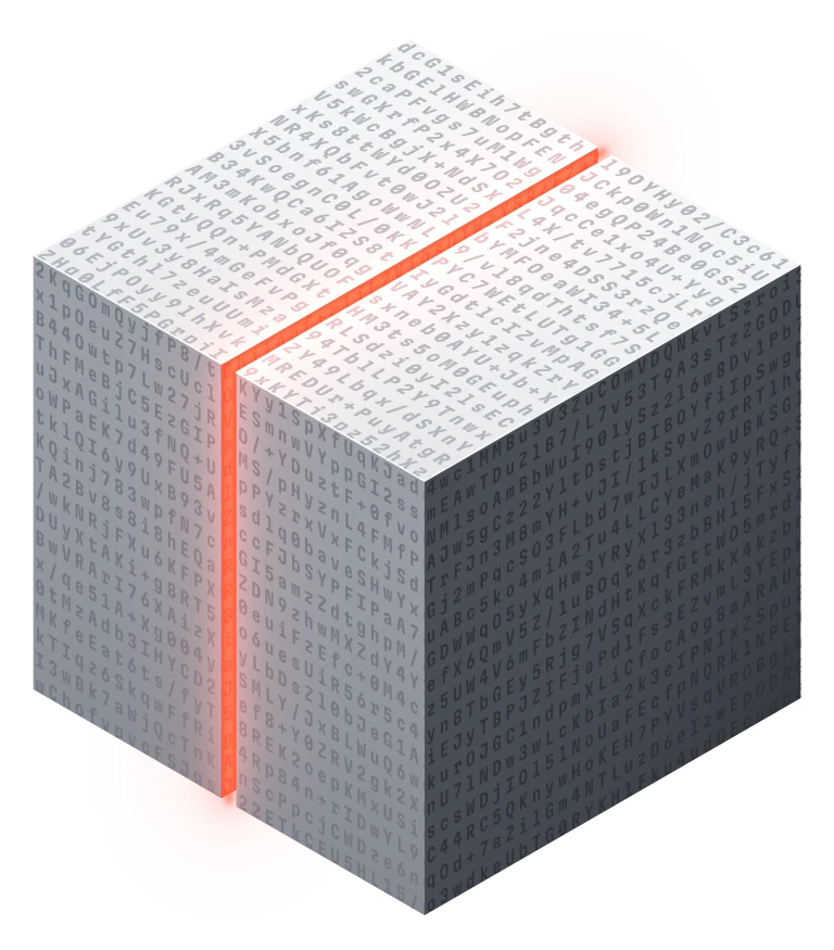 The OPAQUE block: a cube of ciphertext split by a glowing red seam.